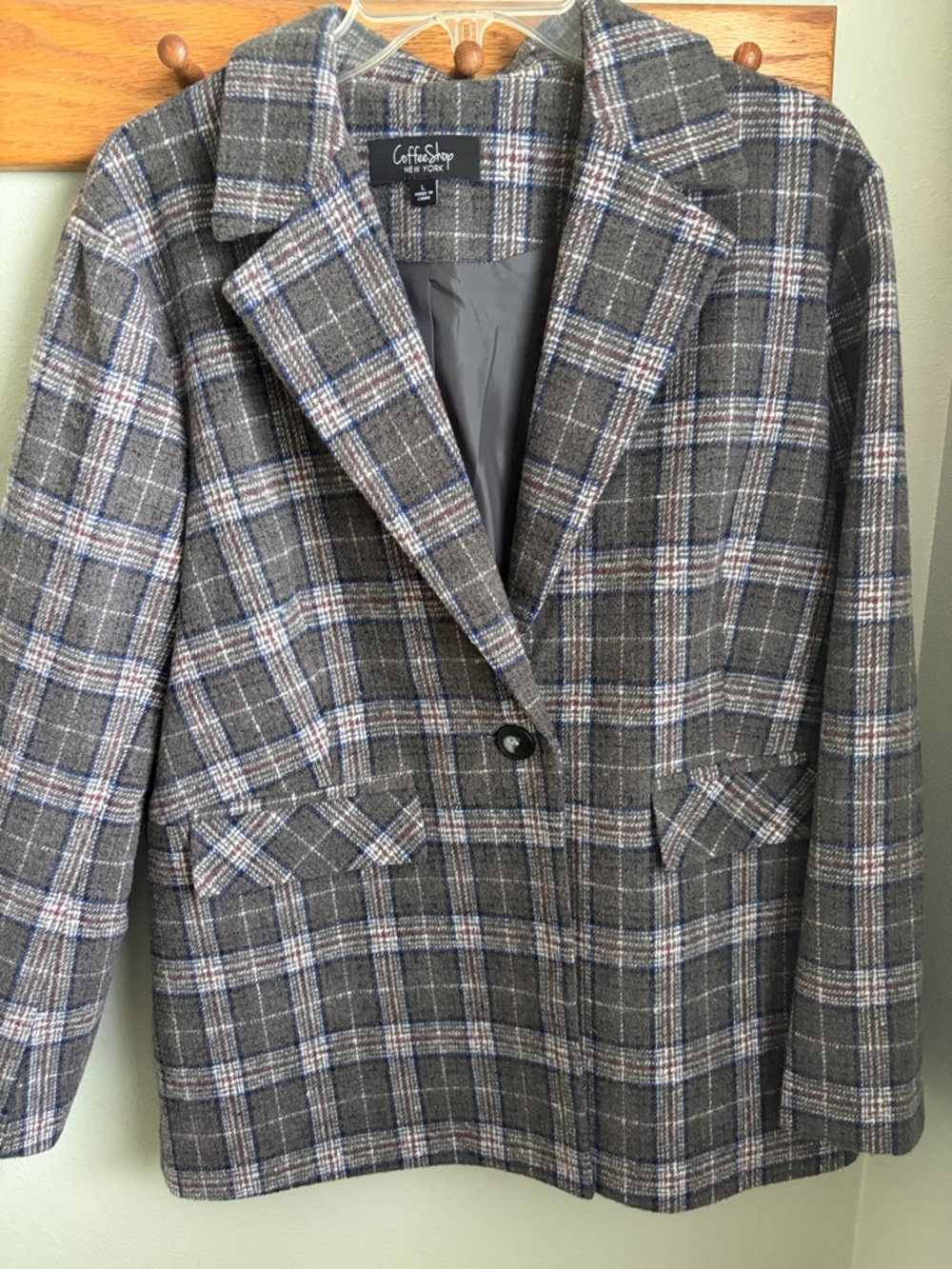 CoffeeShop Gray Plaid Blazer with Blue and Brown Windowpane